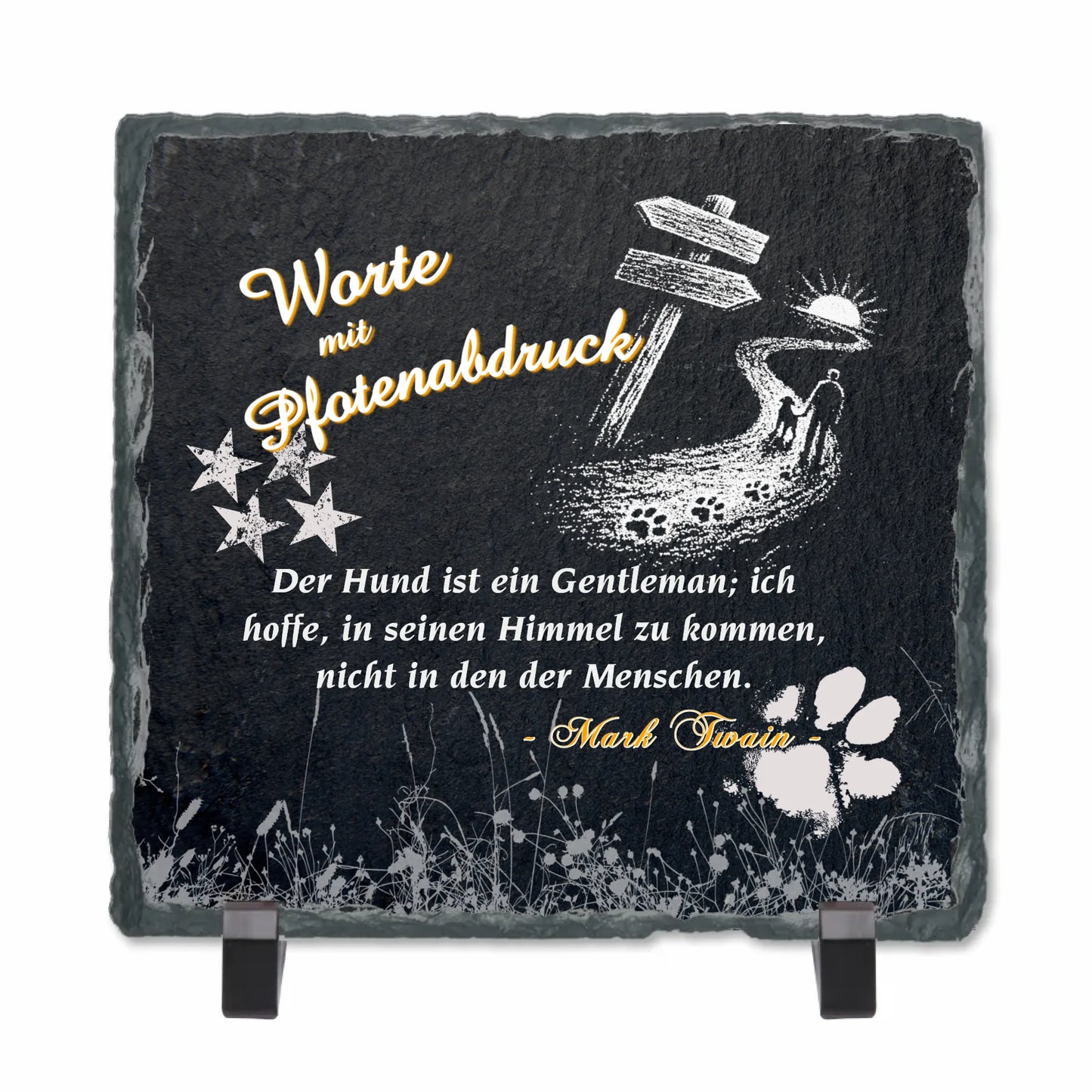 schieferplatte-15x15cm-schwarz-mit-standfuss-mit-waehlbarem-hunde-zitat-in-weißer-schrift-und-motiv-silouette-mann-mit-hund-auf-einem-weg-darueber-schriftzug-worte-mit-pfotenabdruck