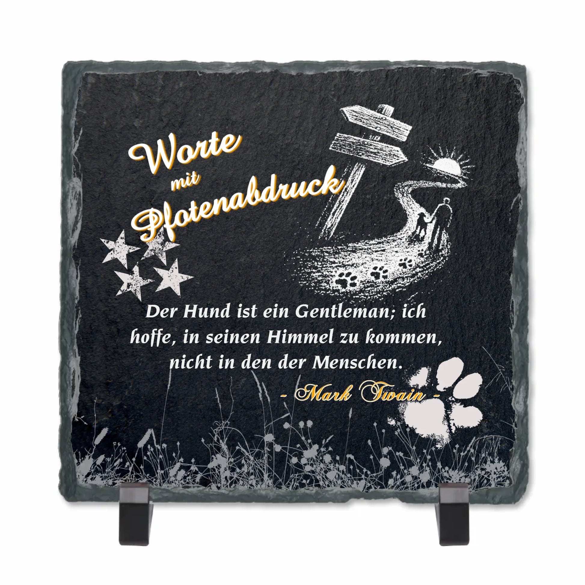 schieferplatte-15x15cm-schwarz-mit-standfuss-mit-waehlbarem-hunde-zitat-in-weißer-schrift-und-motiv-silouette-mann-mit-hund-auf-einem-weg-darueber-schriftzug-worte-mit-pfotenabdruck