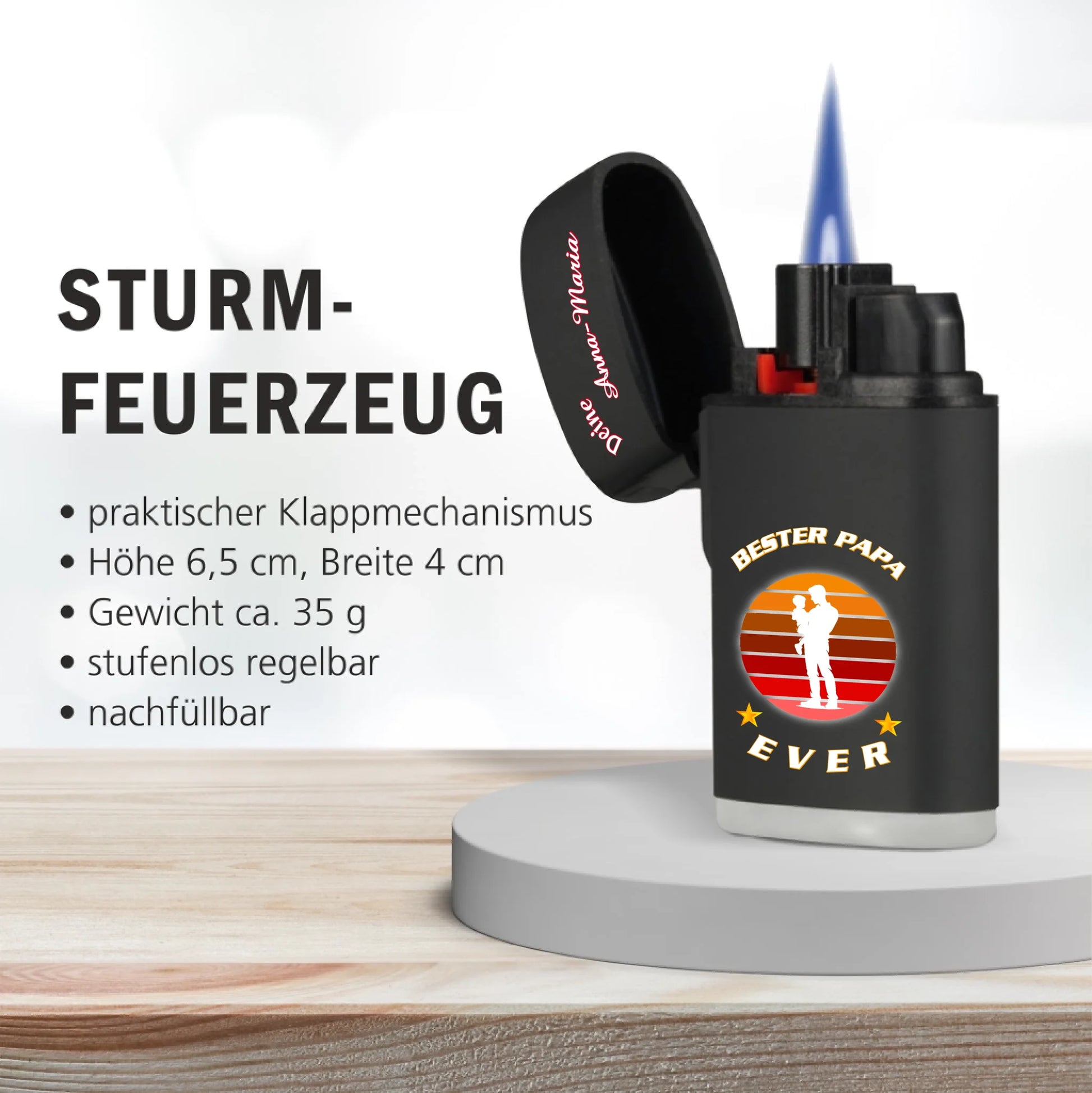 feuerzeug-schwarz-mit-beschriftung-bester-papa-ever-in-weiß-und-silhouette-vater-mit-kind-auf-dem-arm-daneben-eine-prodktbeschreibung