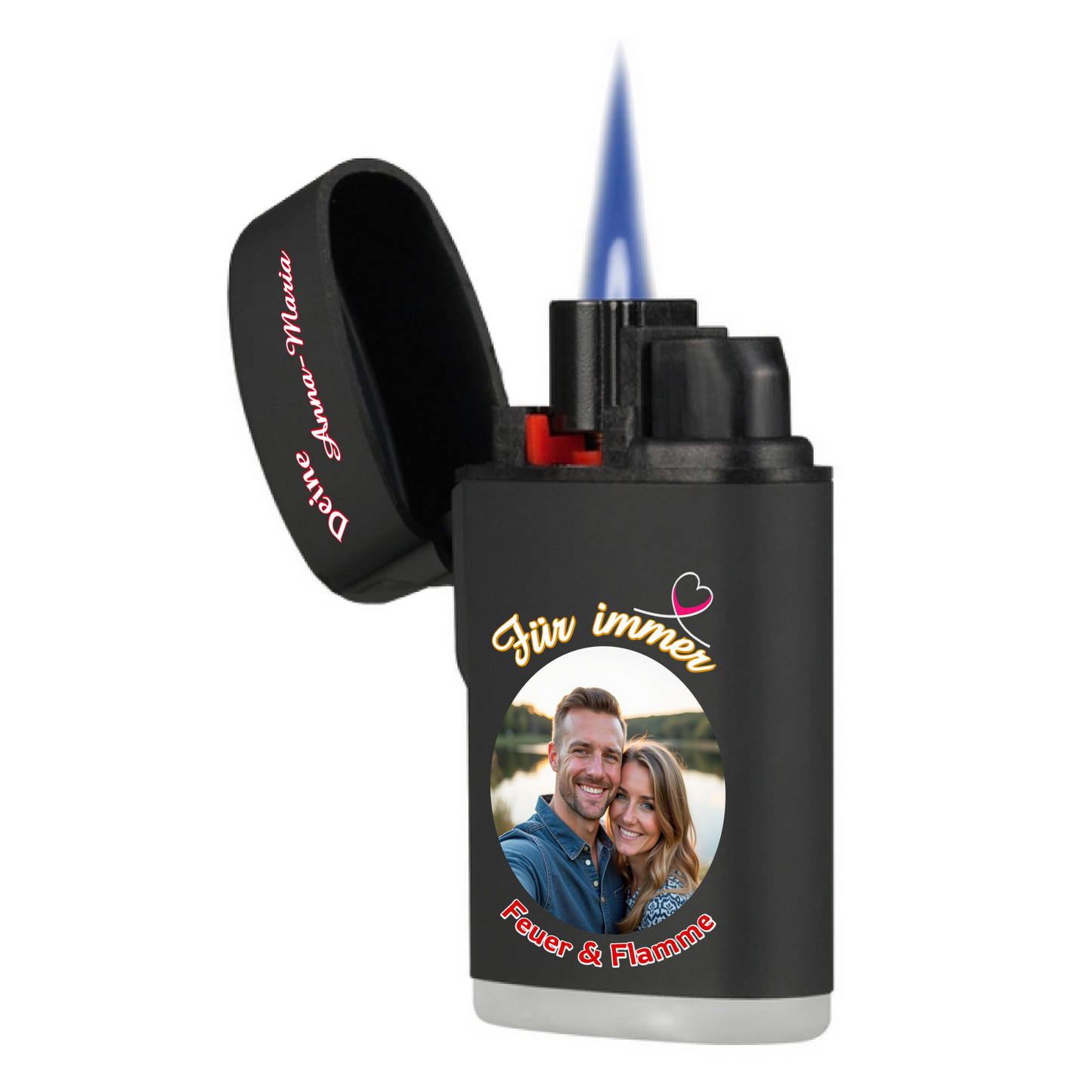 jetflame-feuerzeug-schwarz-aufgeklappt-mit-flamme-mit-foto-und-name-in-weißem-aufdruck-personalisiert-aufschrift-für-immer-feuer-und-flamme