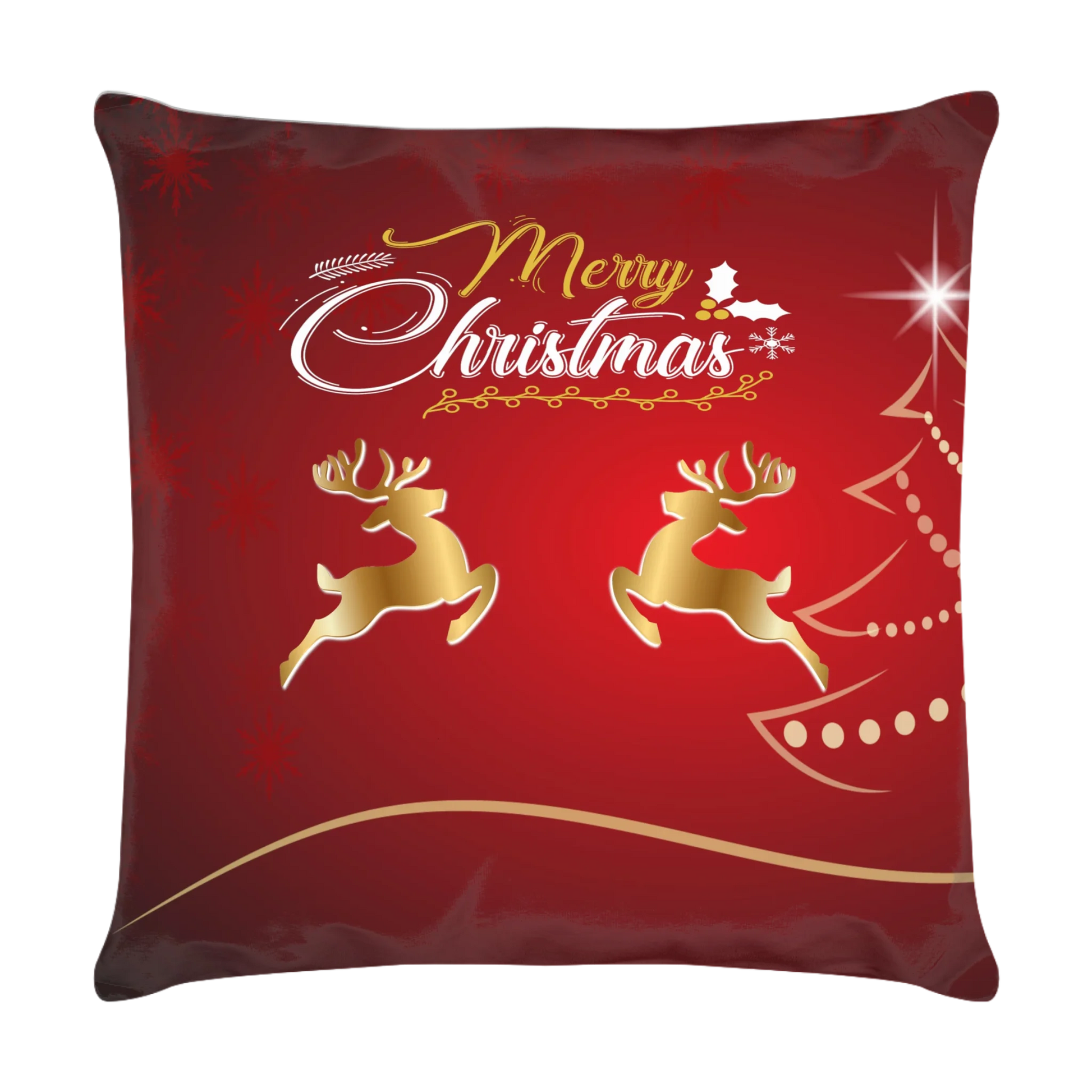kissen-40x40-cm-rot-wichtelgeschenk-vorderseite-mit-zwei-goldenen-rentieren-darueber-der-schriftzug-merry-christmas-am-rechten-rand-ist-die-silouette-eines-weihnachtsbaums-zu-sehen