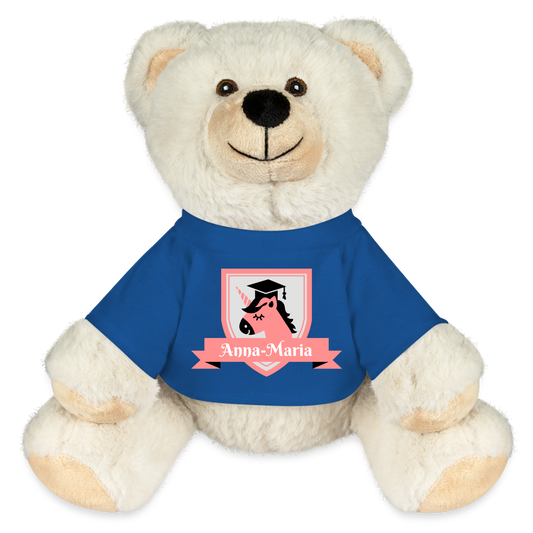stofftier-eisbaer-24x20cm-mit-koenigsblauem-mit-namen-personalisiertem-shirt-auf-dem-ein-pinkes-wappen-mit-einhorn-abgebildet-ist