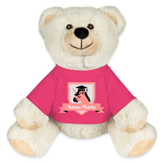 stofftier-eisbaer-24x20cm-mit-pinkem-mit-namen-personalisiertem-shirt-auf-dem-ein-pinkes-wappen-mit-einhorn-abgebildet-ist