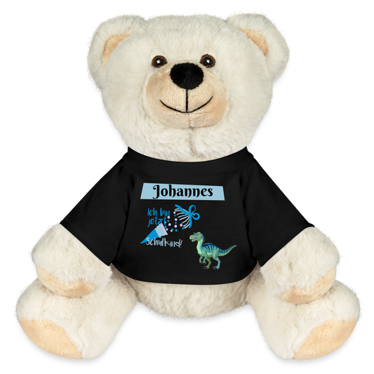 stofftier-eisbaer-24x20cm-mit-schwarzem-mit-namen-personalisiertem-shirt-auf-dem-ein-dinosaurier-und-eine-schultuete-mit-schriftzug-ich-bin-jetzt-schulkind-abgebildet-sind