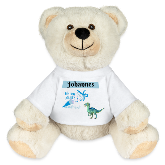 stofftier-eisbaer-24x20cm-mit-weissem-mit-namen-personalisiertem-shirt-auf-dem-ein-dinosaurier-und-eine-schultuete-mit-schriftzug-ich-bin-jetzt-schulkind-abgebildet-sind