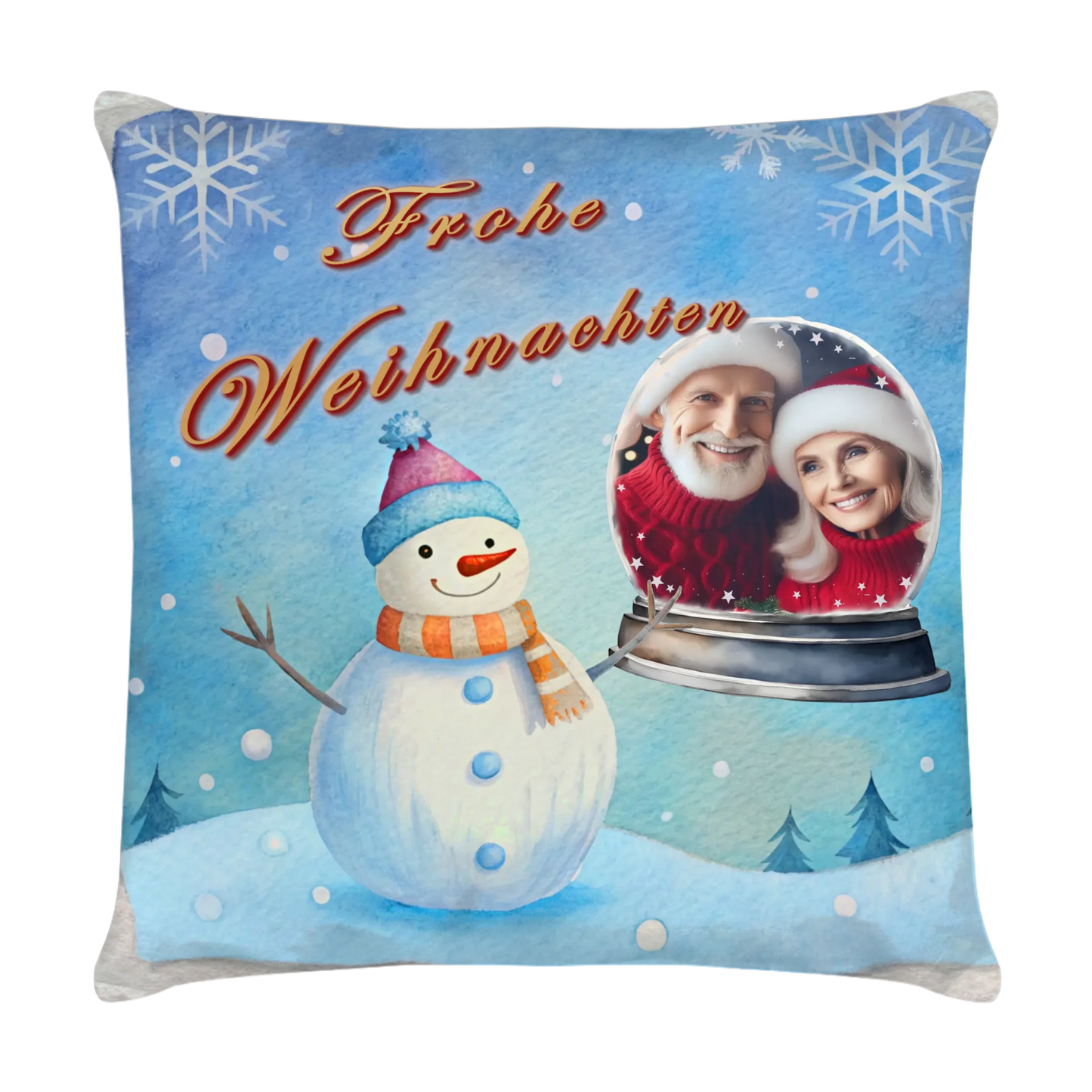 kissen-40x40-cm-mit-foto-nikolausgeschenk-freundin-vorderseite-mit-winterlandschaft-in-hellblau-und-schneemann-daneben-das-foto-in-einer-schneekugel