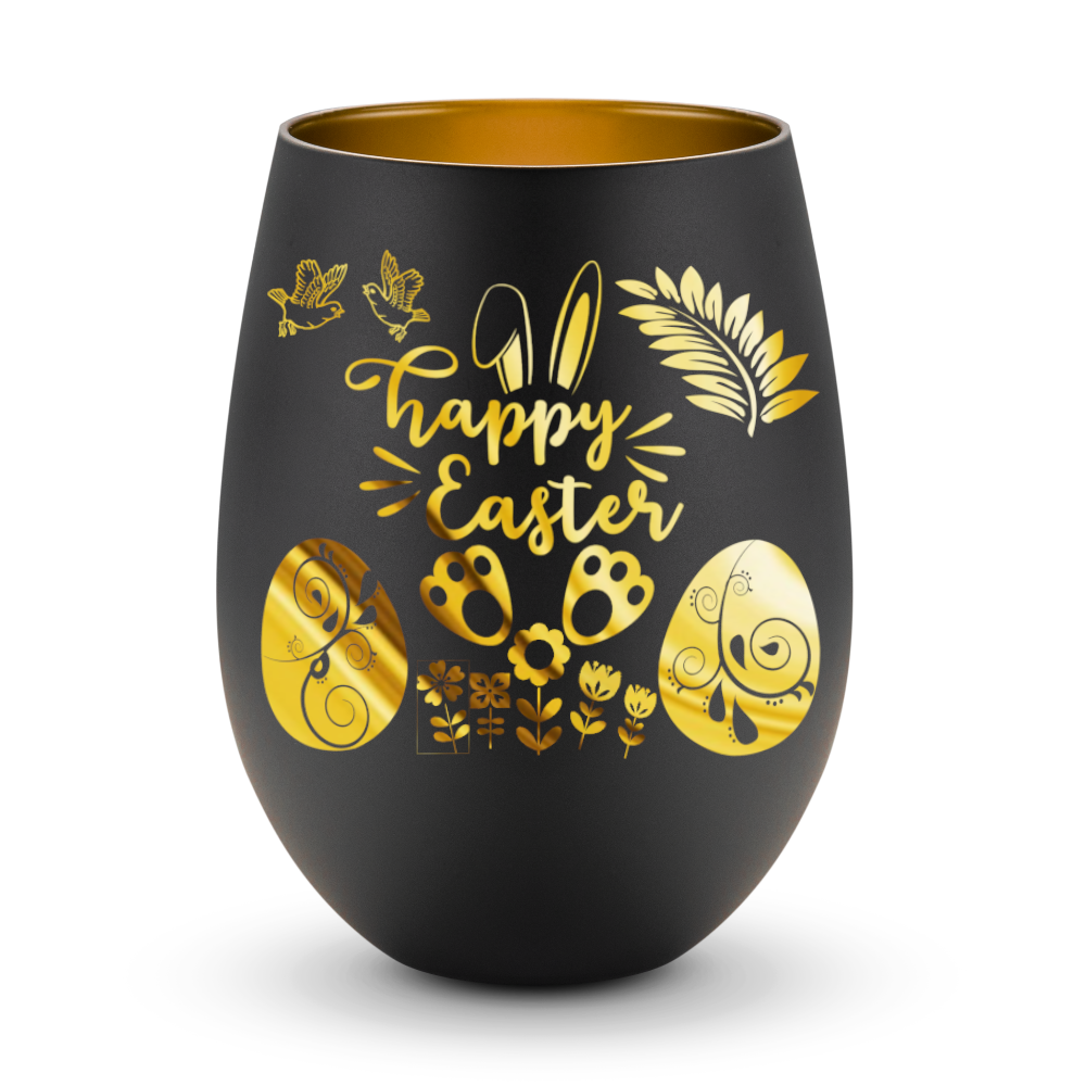 schwarzes-glas-mit-goldener-innenbeschichtung-garvur-happy-easter-und-motive-wie-ostereier-blumen-hasenohren-und-pfoten-um-die-schrift-sind-golden-zu-sehen