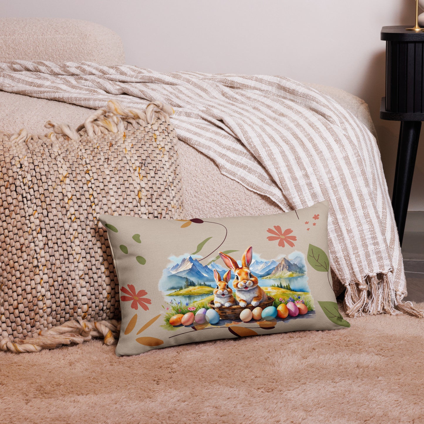 dekokissen-mit-zwei-osterhasen-im-osternest-vor-bergpanorama-kissen-selbst-ist-mit-blüten-und-blättern-gestaltet