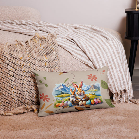 dekokissen-mit-zwei-osterhasen-im-osternest-vor-bergpanorama-kissen-selbst-ist-mit-blüten-und-blättern-gestaltet