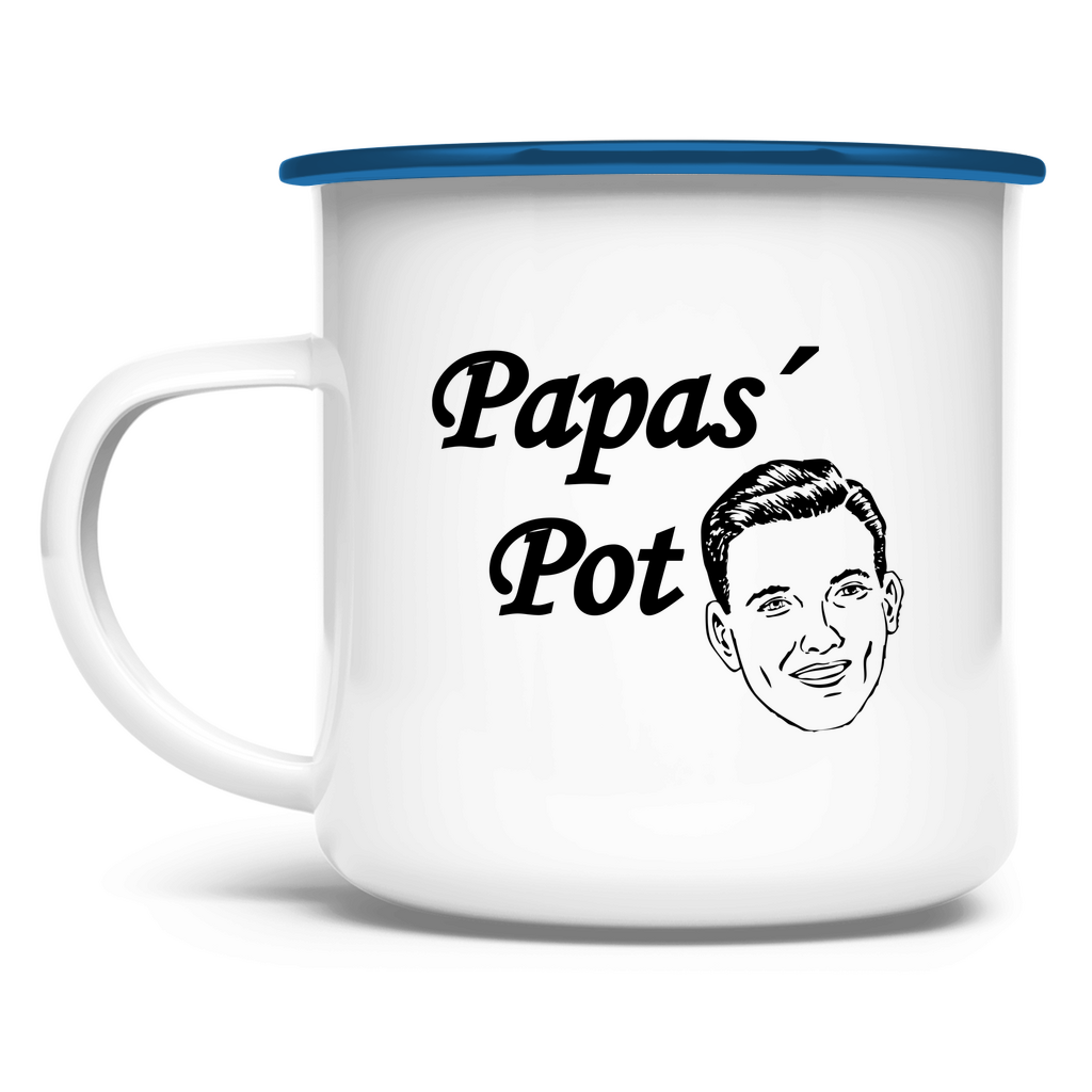 emaille-tasse-weiß-mit-blauem-rand-schwarzer-aufschrift-papas-pot-und-vektorgrafik-in-schwarz-retro-männerkopf
