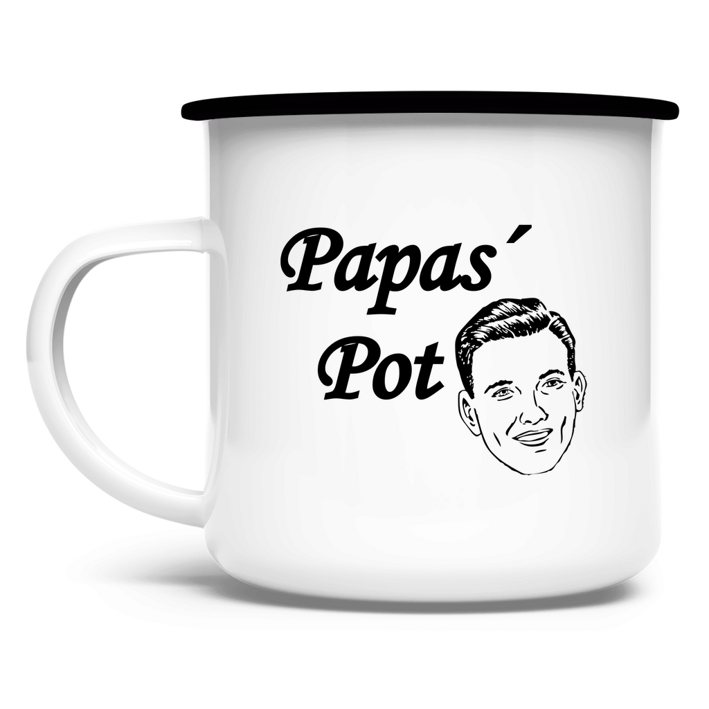 emaille-tasse-weiß-mit-sschwarzem-rand-schwarzer-aufschrift-papas-pot-und-vektorgrafik-in-schwarz-retro-männerkopf