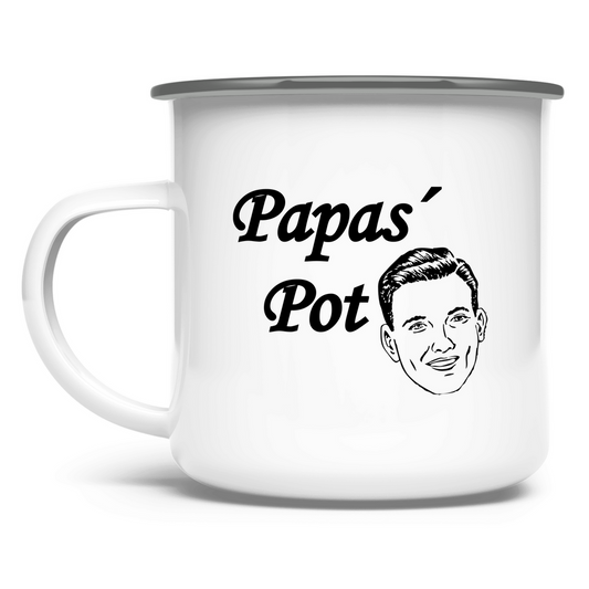 emaille-tasse-weiß-mit-silbernen-rand-schwarzer-aufschrift-papas-pot-und-vektorgrafik-in-schwarz-retro-männerkopf