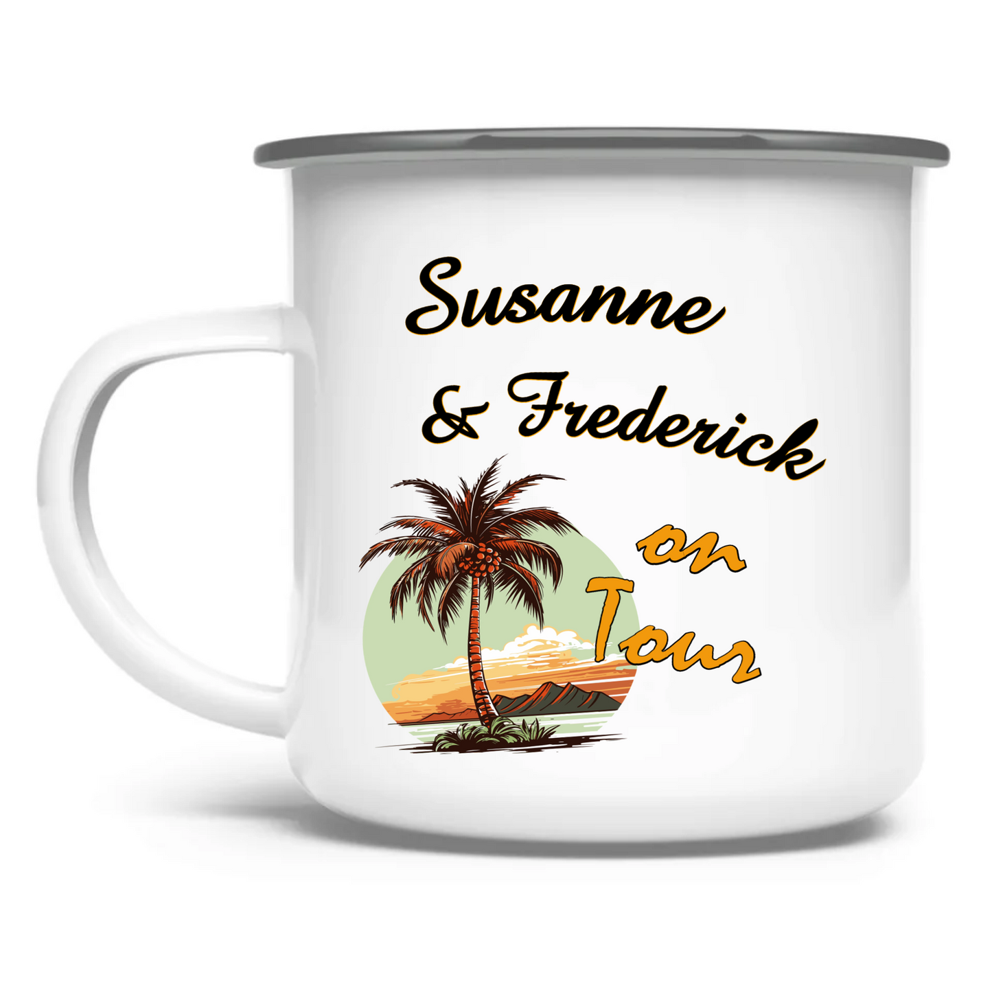 emaille-tasse-silberner-rand-mit-foto-und-mit-motiven-von-palmen-van-und-sonnenuntergang