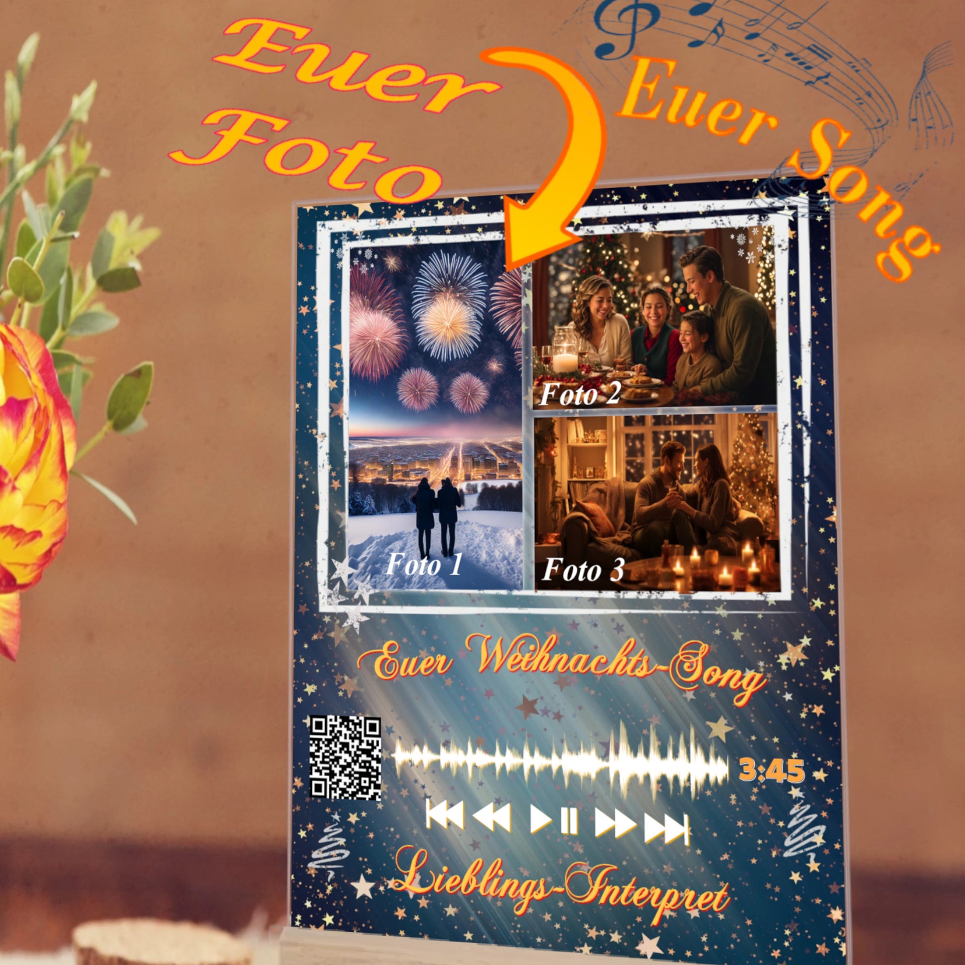 acrylglas-15x20cm-mit-graviertem-standfuss-aus-echtholz-nikolausgeschenk-erwachsene-mit-3-fotos-und-ausgewähltem-songtitel-und-interpret-mit-qr-code-design-hintergrund-dunkelgrün-mit verlauf-in-die farbe-silber-mit-vielen-kleinen-sternen-standfuss-graviert-mit-namen-oder-wunschtext