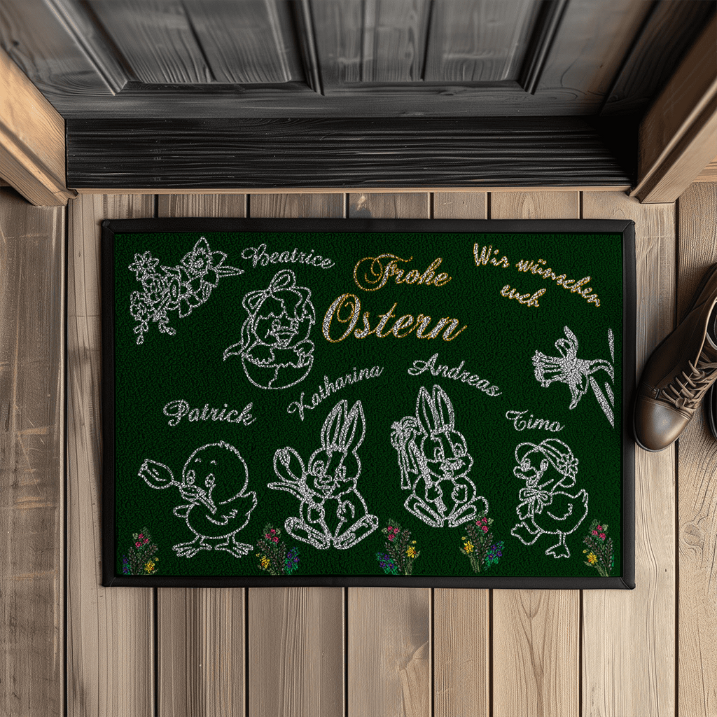 fußmatte-dunkelgrün-mit-gummirand-zeigt-verschiedene-ostermotive-osterhasen-küken-ente-mit personalisierten-namen