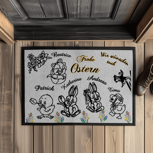 fußmatte-lichtgrau-mit-gummirand-zeigt-verschiedene-ostermotive-osterhasen-küken-ente-mit personalisierten-namen