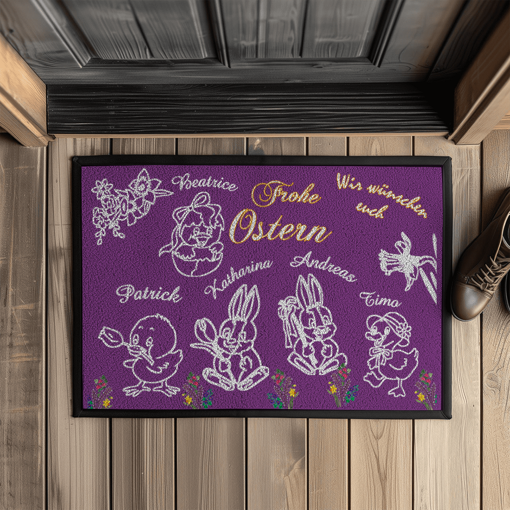fußmatte-lila-mit-gummirand-zeigt-verschiedene-ostermotive-osterhasen-küken-ente-mit personalisierten-namen