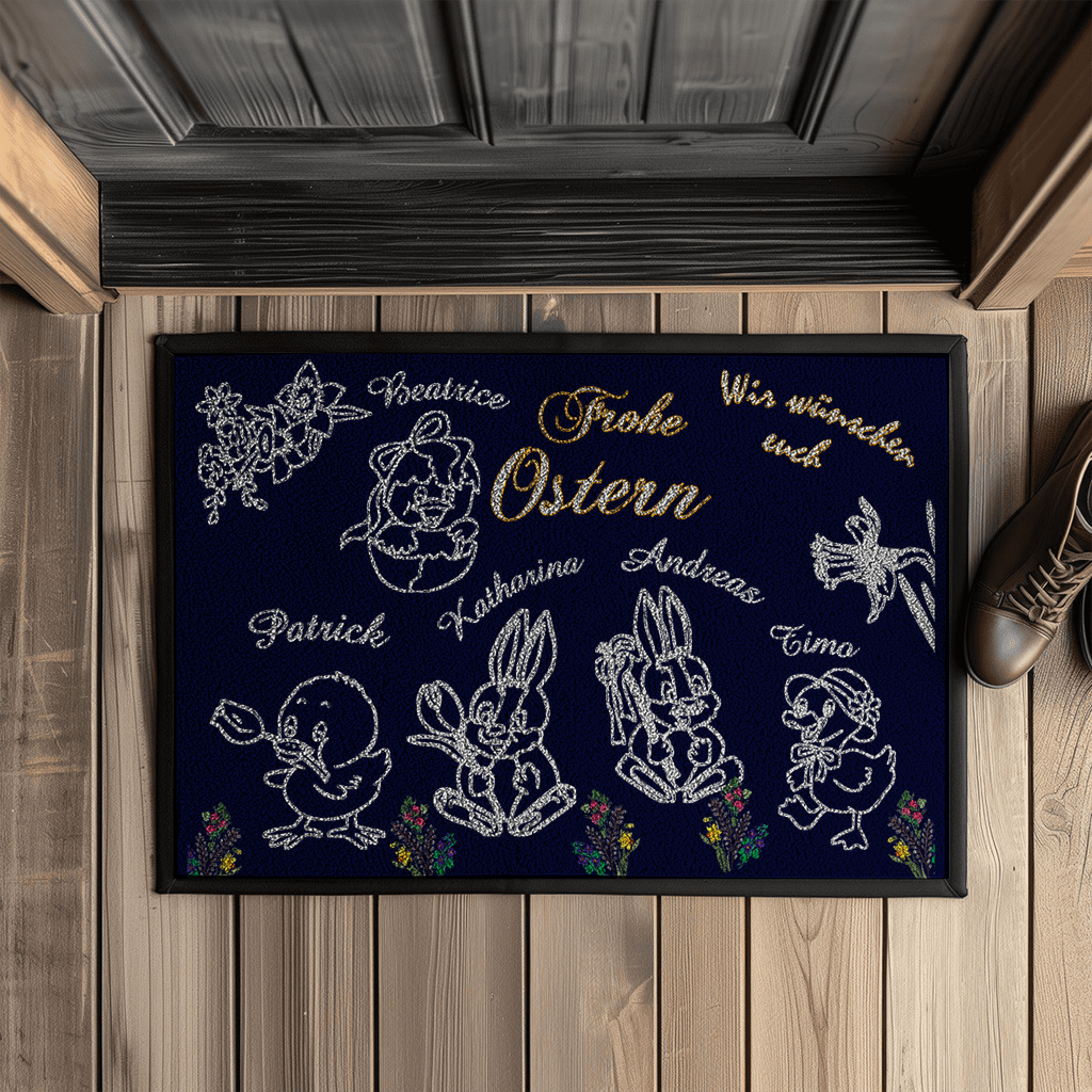 fußmatte-navyblau-mit-gummirand-zeigt-verschiedene-ostermotive-osterhasen-küken-ente-mit personalisierten-namen