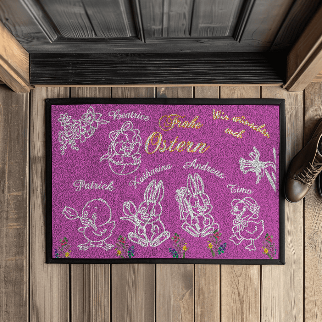 fußmatte-pink-mit-gummirand-zeigt-verschiedene-ostermotive-osterhasen-küken-ente-mit personalisierten-namen