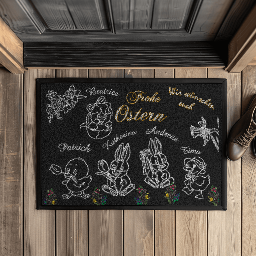 fußmatte-schwarz-mit-gummirand-zeigt-verschiedene-ostermotive-osterhasen-küken-ente-mit personalisierten-namen