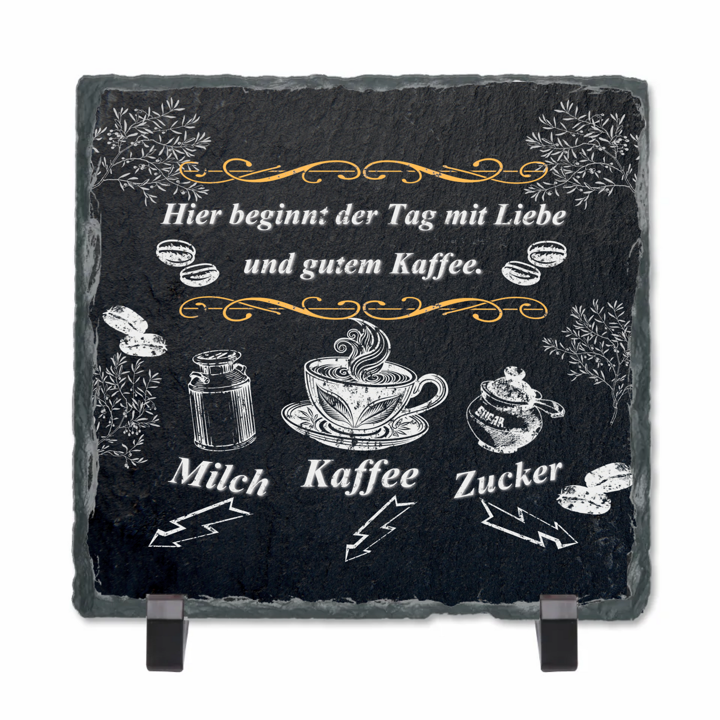 schieferplatte-mit-standfuß-quadratisch-15x15-cm-mit-aufdruck-in-rustikaler-optik-motive-kaffeetasse-milchkanne-zuckerdose-und-mit-spruch-hier-beginnt-der-tag-mit-liebe-und-gutem-kaffee