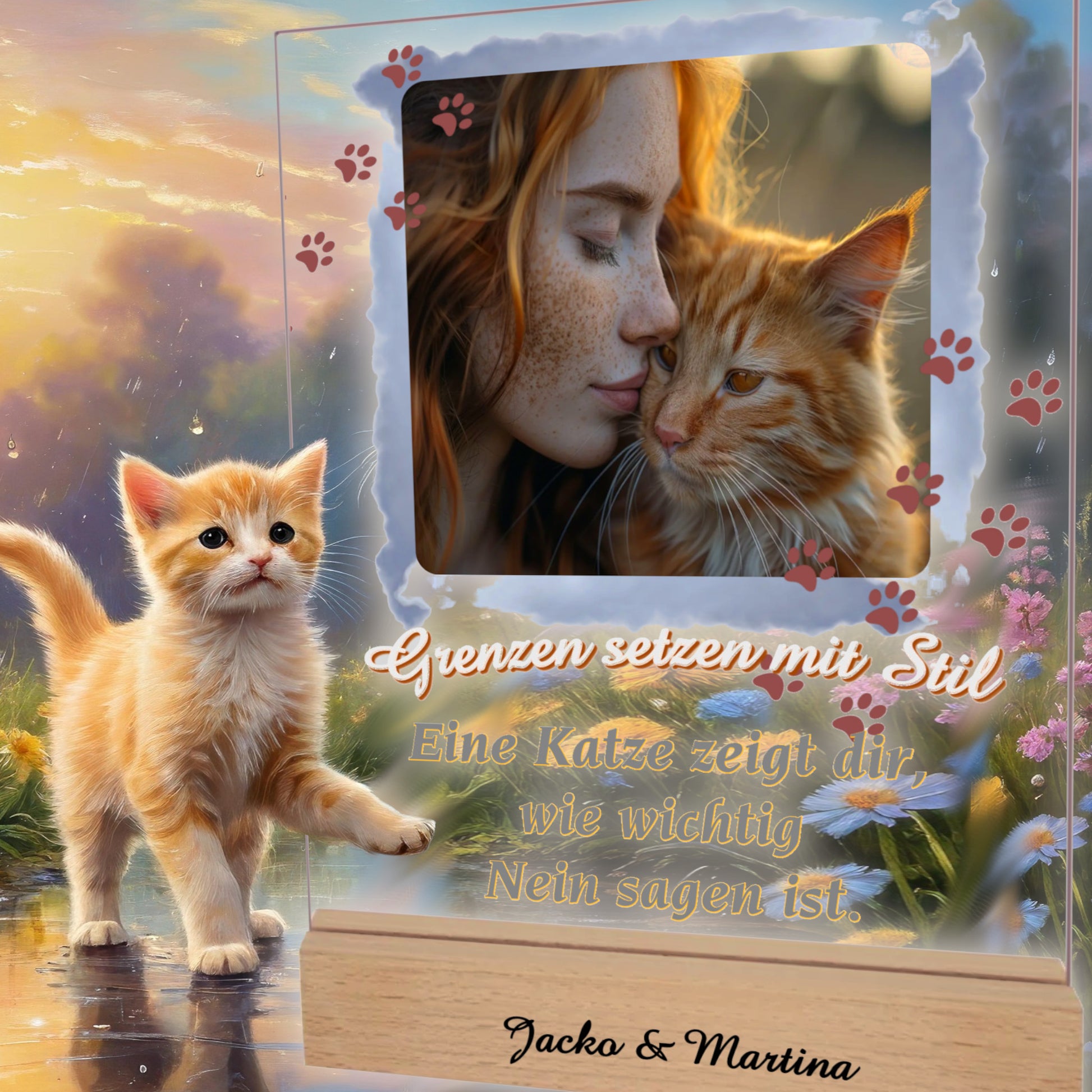 fotoaufsteller-acrylglas-15x20cm-mit-standfuss-weihnachtsgeschenk-katzenbesitzer-personalisiert-mit-einem-ausgewaehlten-kurzen-katzen-spruch-und eigenem-foto-und-optinal-mit-gravierten-namen-am-holzsockel