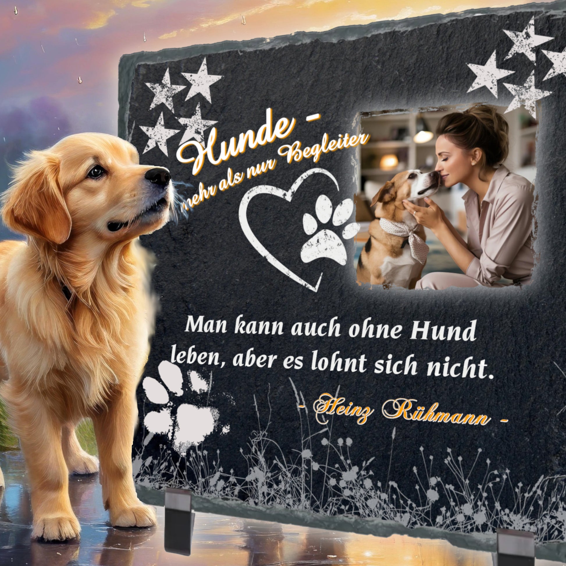 schieferplatte-15x15cm-schwarz-mit-standfuss-personalisiert-weihnachtsgeschenk-mit-eigenem-foto-und-einem-von-sechs-hunde-zitaten-design-in-weiss-mit-pfotenabdruck-und-sternen-in-den-ecken
