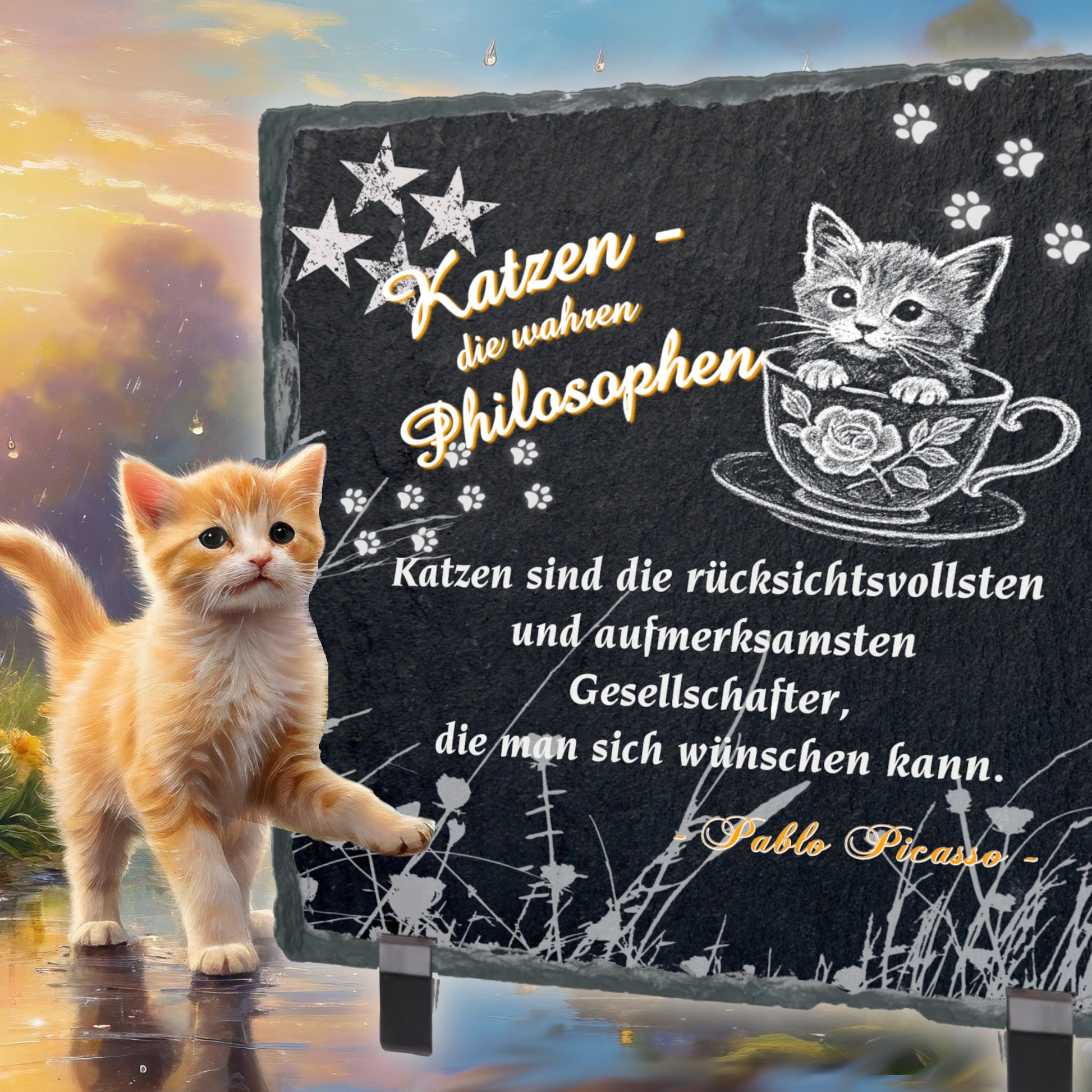 schieferplatte-15x15cm-schwarz-mit-standfuss-weihnachtsgeschenk-gestaltet-mit-einem-von-sechs-berühmten-zitaten-über-katzen-design-mit-weißem-katzenmotiv-suesse-katze-in-tasse-weisse-pfotenabdruecke-und-sterne-in-den-oberen-ecken