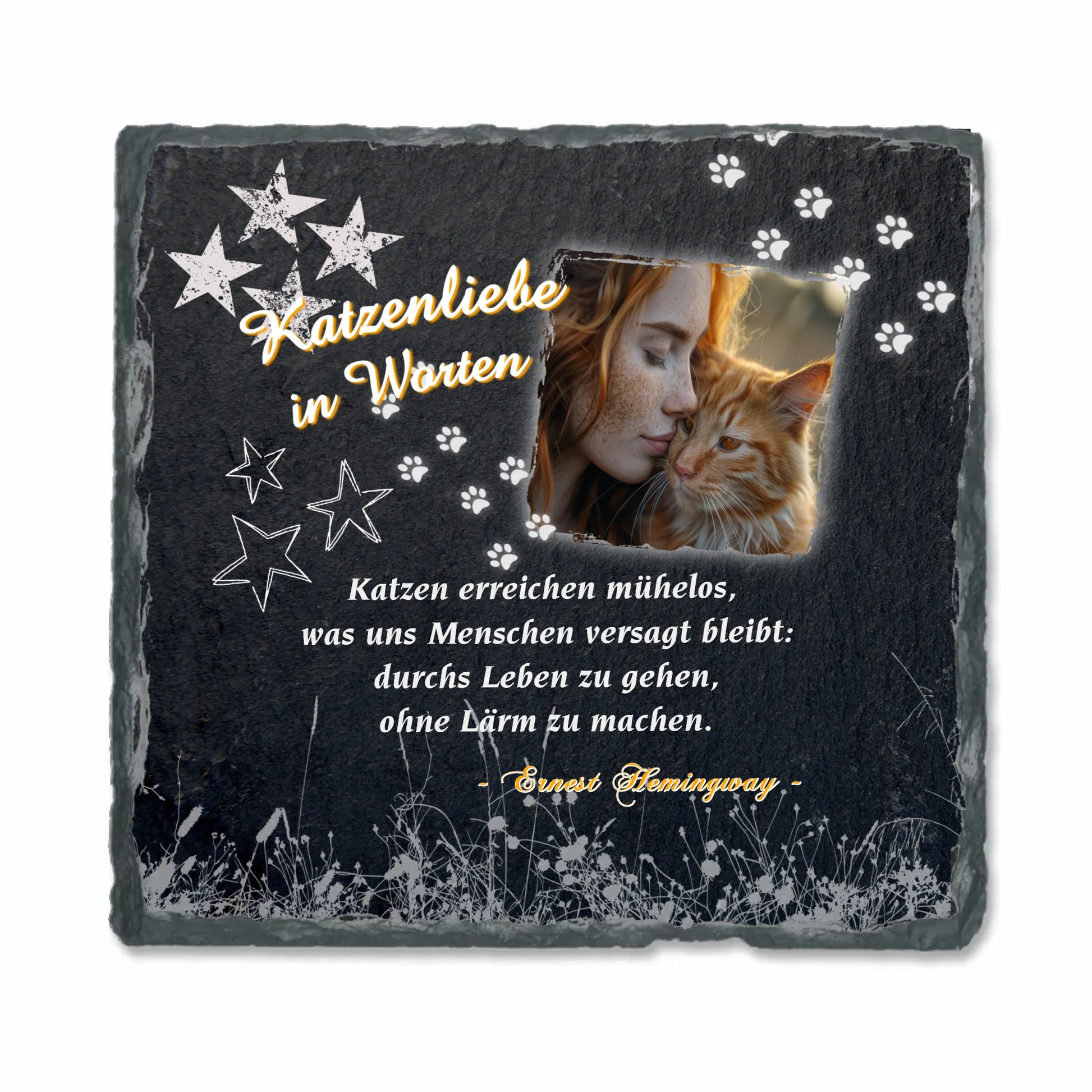 personalisiertes-geschenk-fur-katzenliebhaber-mit-foto-auf schieferplatte-schwarz-mit-zitat-über-katzen-in-weißer-schrift