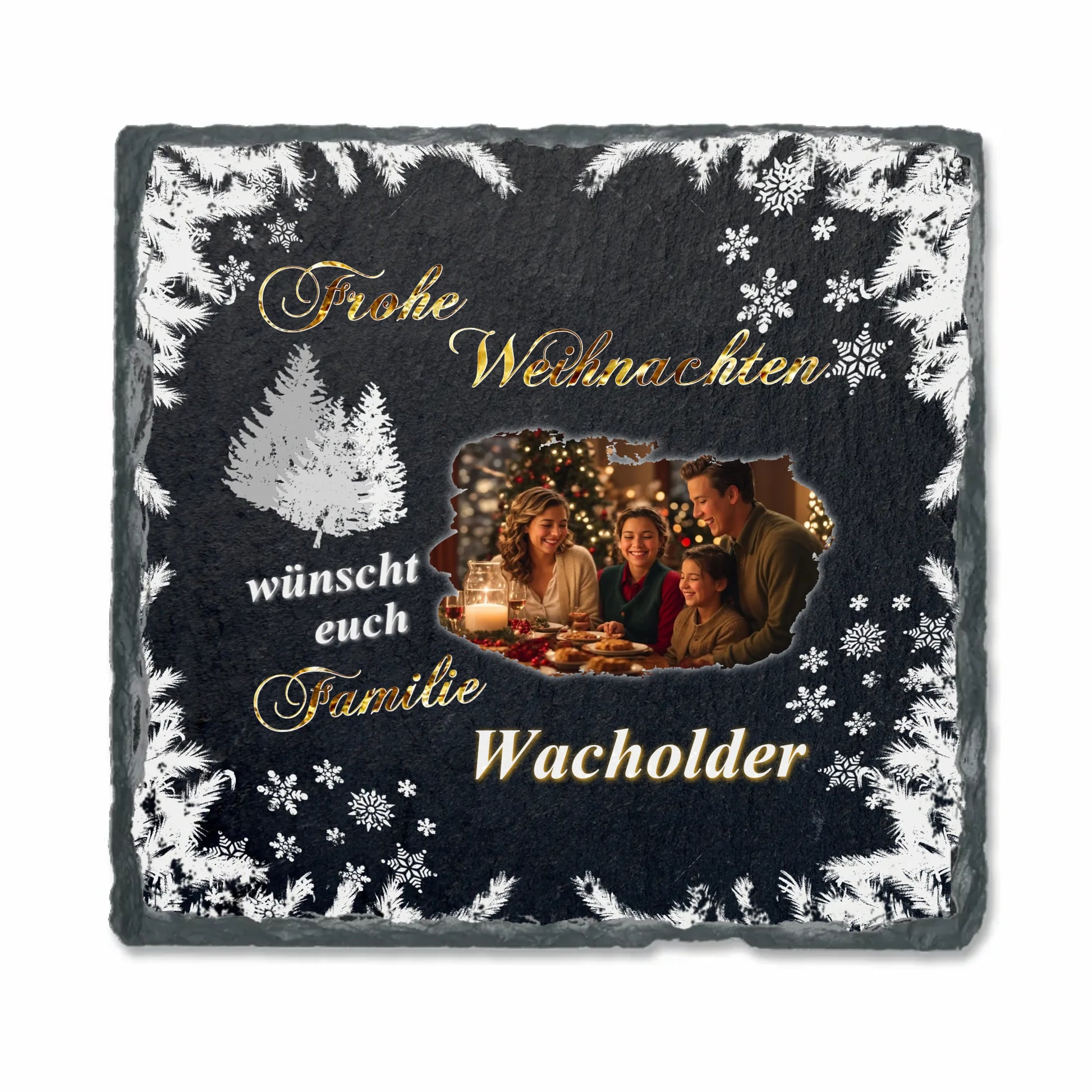 schieferplatte-15x15cm-schwarz-weihnachtsgeschenk-nachbarn-mit-familienfoto-mit-schriftzug-frohe-weihnachten-wünscht-euch-familie-name-personalisiebar-weihnachtliche-motive-wie-schneeflocken-und-verschneite-zweige