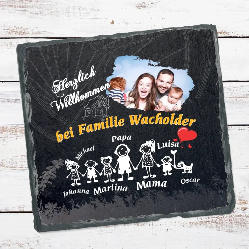 personalisierte-schieferplatte-quadratisch-15x15-cm-design-mit-familienfoto-namen-und-passendem-comic-motiv-zu-jedem-namen