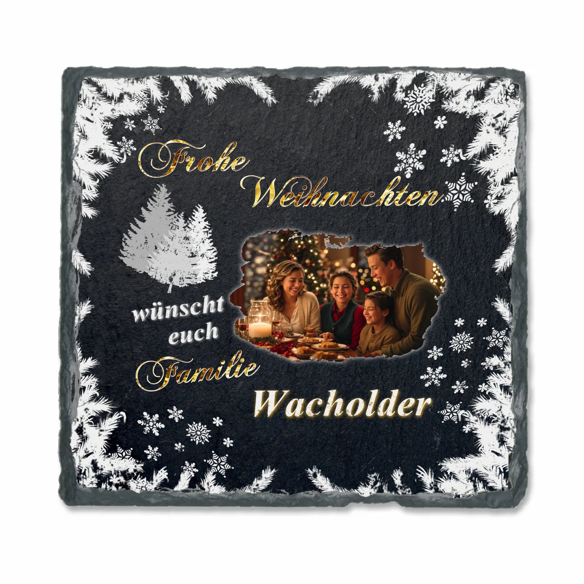 schieferplatte-quadratisch-mit-familienfoto-schriftzug-frohe-weihnachten-wünscht-euch-familie-name-personalisiebar-weihnachtliche-motive-wie-schneeflocken-und-verschneite-zweige