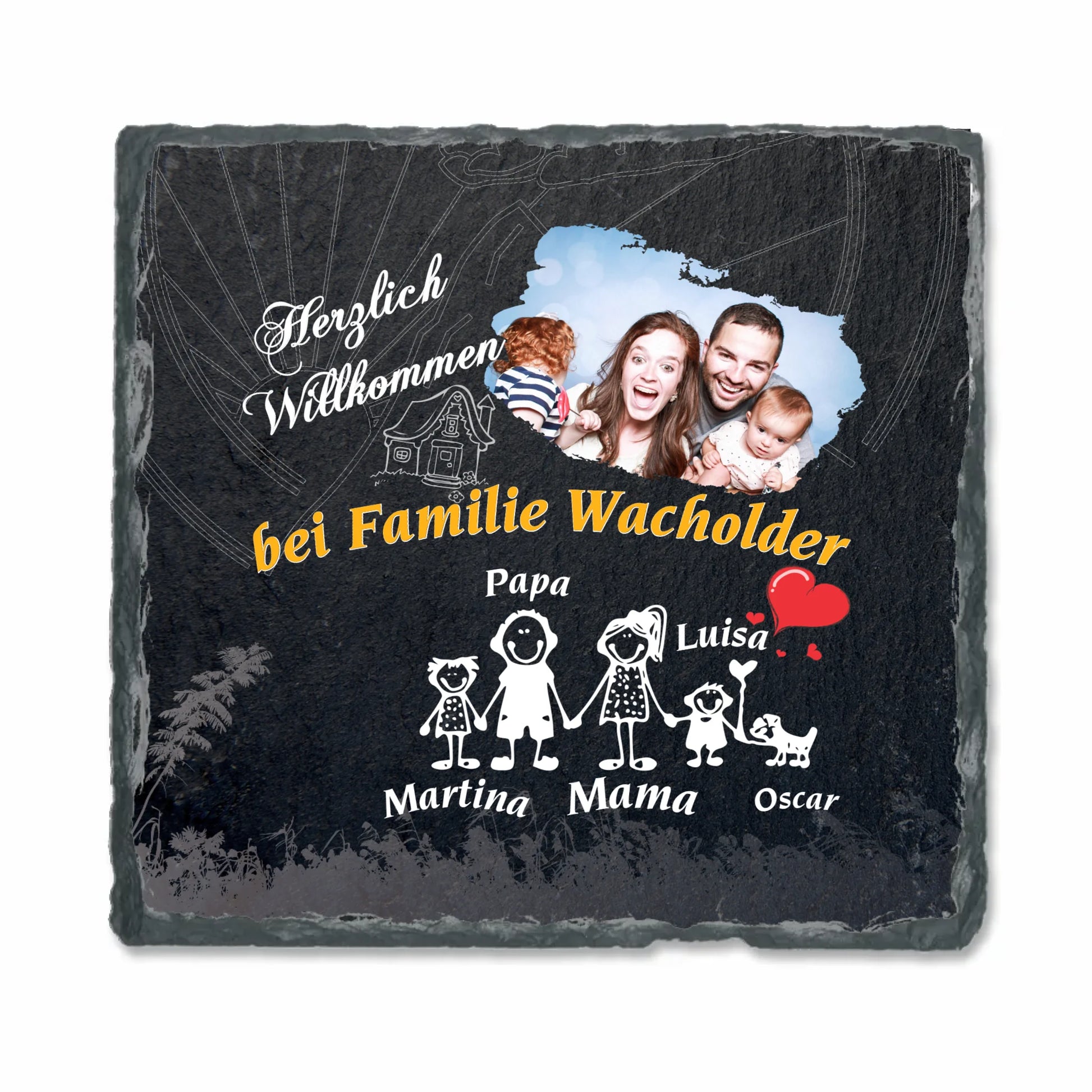 personalisierte-schieferplatte-quadratisch-15x15-cm-design-mit-familienfoto-namen-und-passendem-comic-motiv-zu-jedem-namen