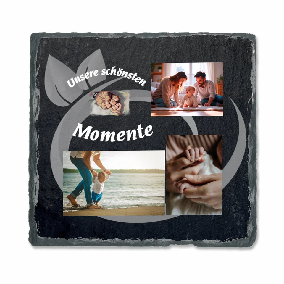 personalisierte-schieferplatte-quadratisch-15x15-cm-design-mit-drei-fotos-und-ausgewählten-motiv-mit-personaliserbaren-schriftzug-unsere-schönsten-momente