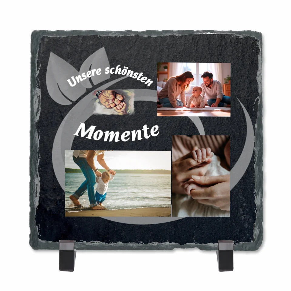 personalisierte-schieferplatte-quadratisch-15x15-cm-mit-standfuß-design-mit-drei-fotos-undausgewählten-motiv-und-schriftzug-unsere-schönsten-momente