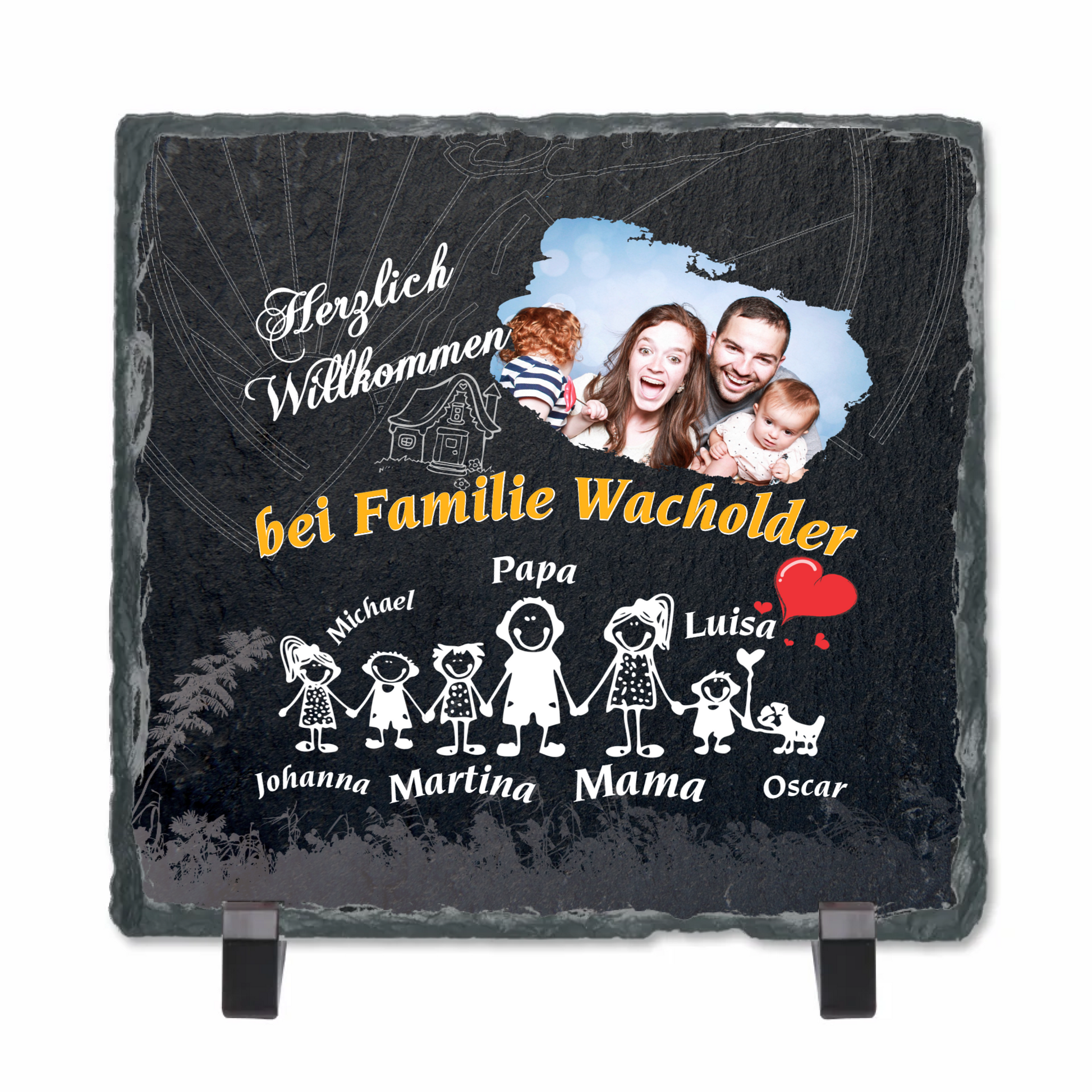 personalisierte-schieferplatte-quadratisch-15x15-cm-mit-standfuß-design-mit-familienfoto-namen-und-passendem-comic-motiv-zu-jedem-namen
