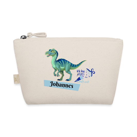 schlampermaeppchen-250x140mm-beige-mit-reissverschluss-design-dinosaurier-in-blau-gruen-schultuete-mit-schriftzug-ich-bin-jetzt-ein-schulkind-darunter-der-personalisierte-name-auf-hellblauem-banner