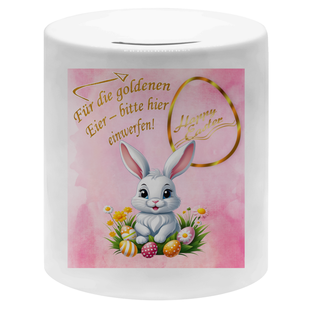 spardose-weiß-mit-buntem-motiv-osterhase-mit-ostereiern-auf-pinkem-hintergrund-mit-schriftzug-für-die-goldenen-eier-bitte-hier-einwerfen