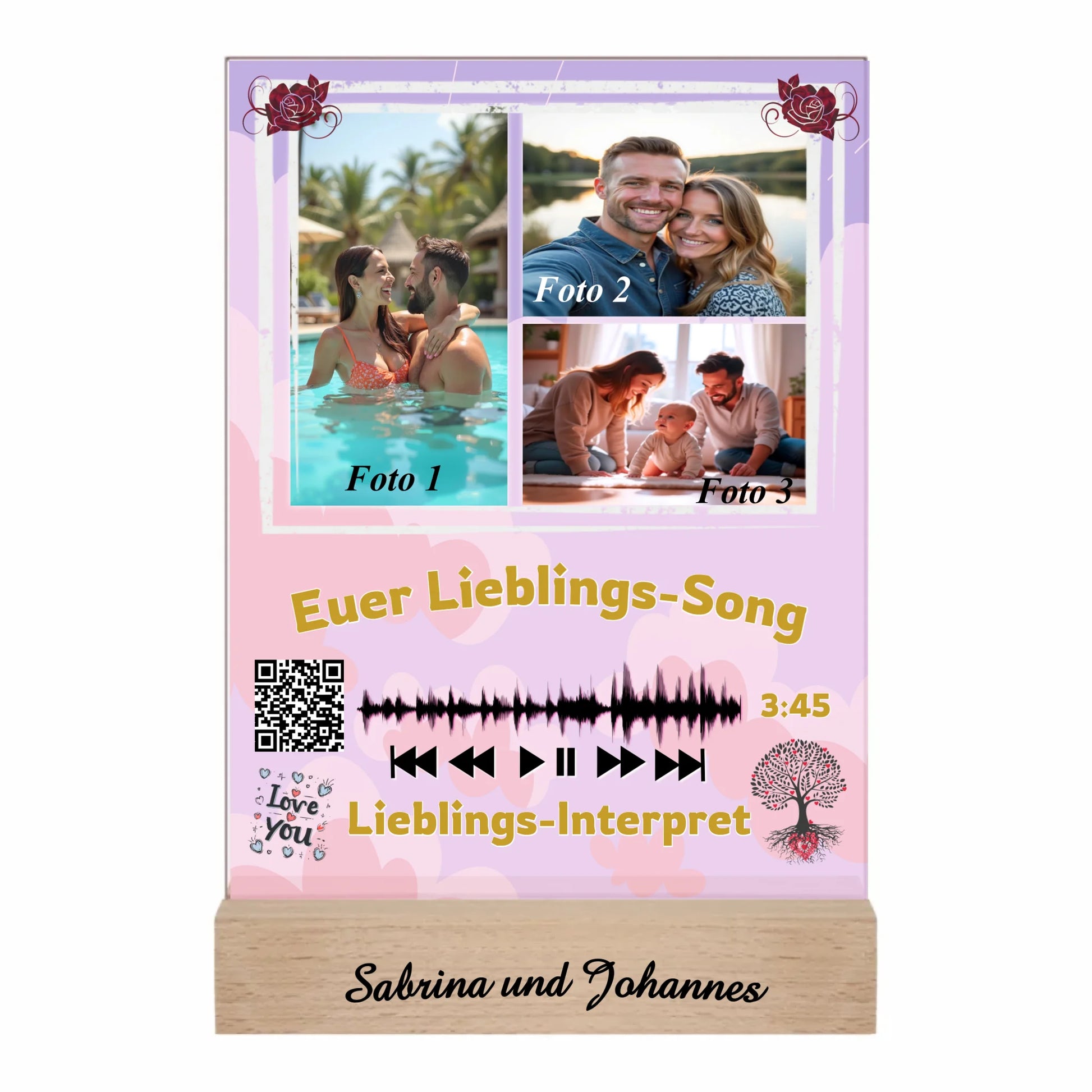 acrylglas-15x20cm-mit-graviertem-standfuss-aus-echtholz-acrylglas-mit-3-fotos-und-ausgewähltem-songtitel-und-interpret-mit-qr-code-design-hintergrund-pastell-rosa-in-verschiedenen-farbtoenen-standfss-graviert-mit-namen-oder-wunschtext