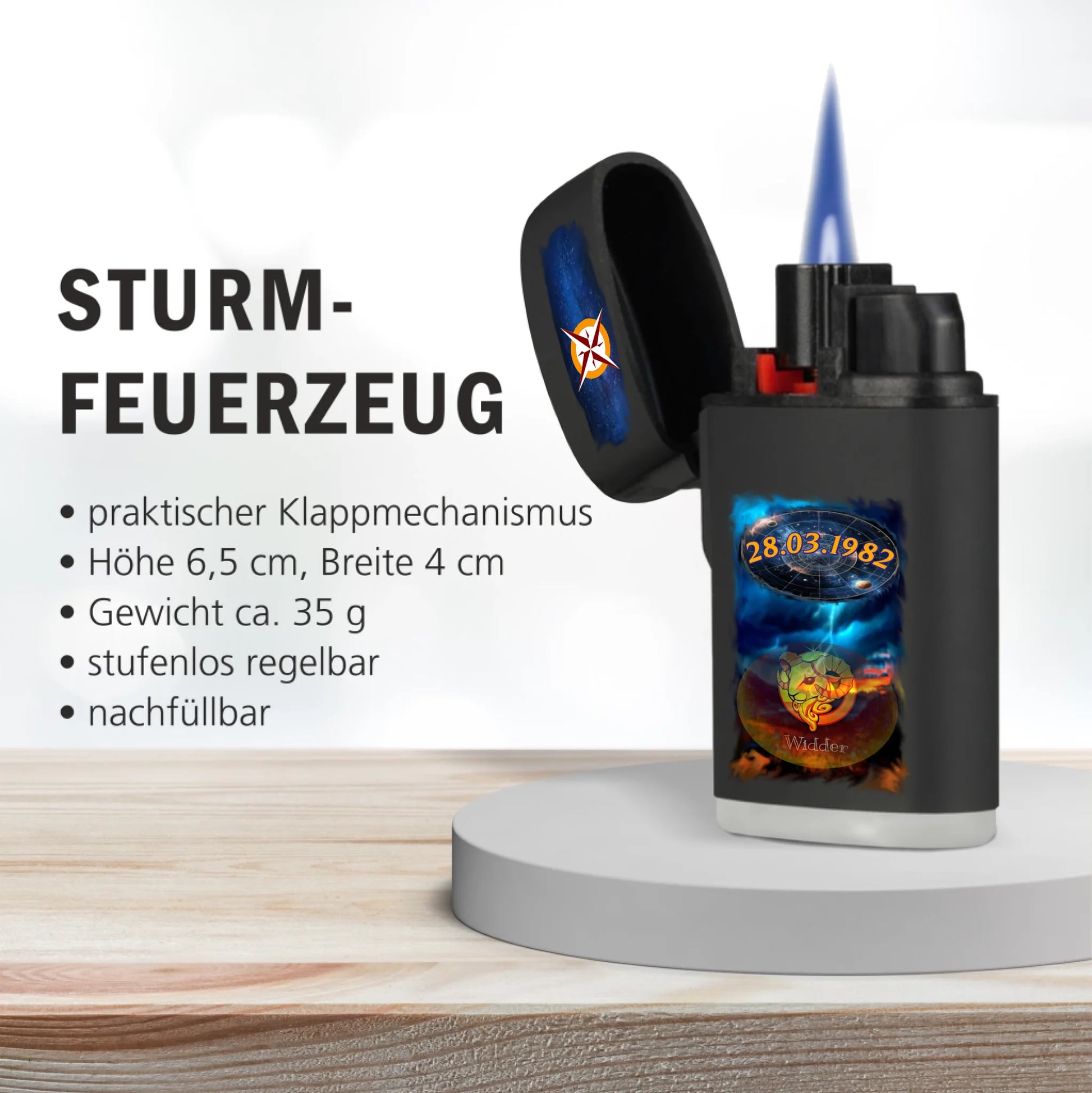 personalisiertes-jetflame-feuerzeug-schwarz-wichtelgeschenk-mit-motiv-sternzeichen-geburtsdatum-und-optional-mit-name-im-hintergrund-bild-von-gewitter-feuerzeug-steht-neben-den-produktinformationen