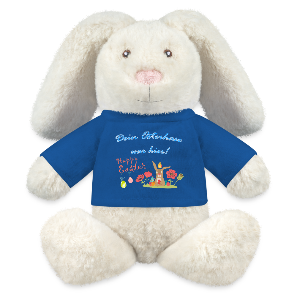stofftier-hase-mit-königsblauem-shirt-mit-lustigem-hasenmotiv-und-aufschrift-dein-osterhase-war-hier