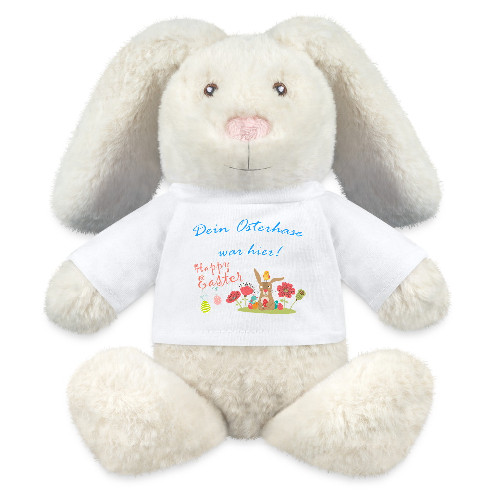 stofftier-hase-mit-weißem-shirt-mit-lustigem-hasenmotiv-und-aufschrift-dein-osterhase-war-hier