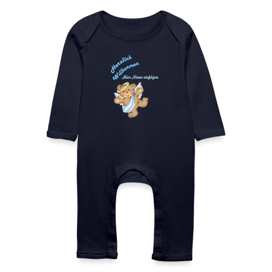 Baby Bio-Strampler "Herzlich Willkommen" mit Name - Navy