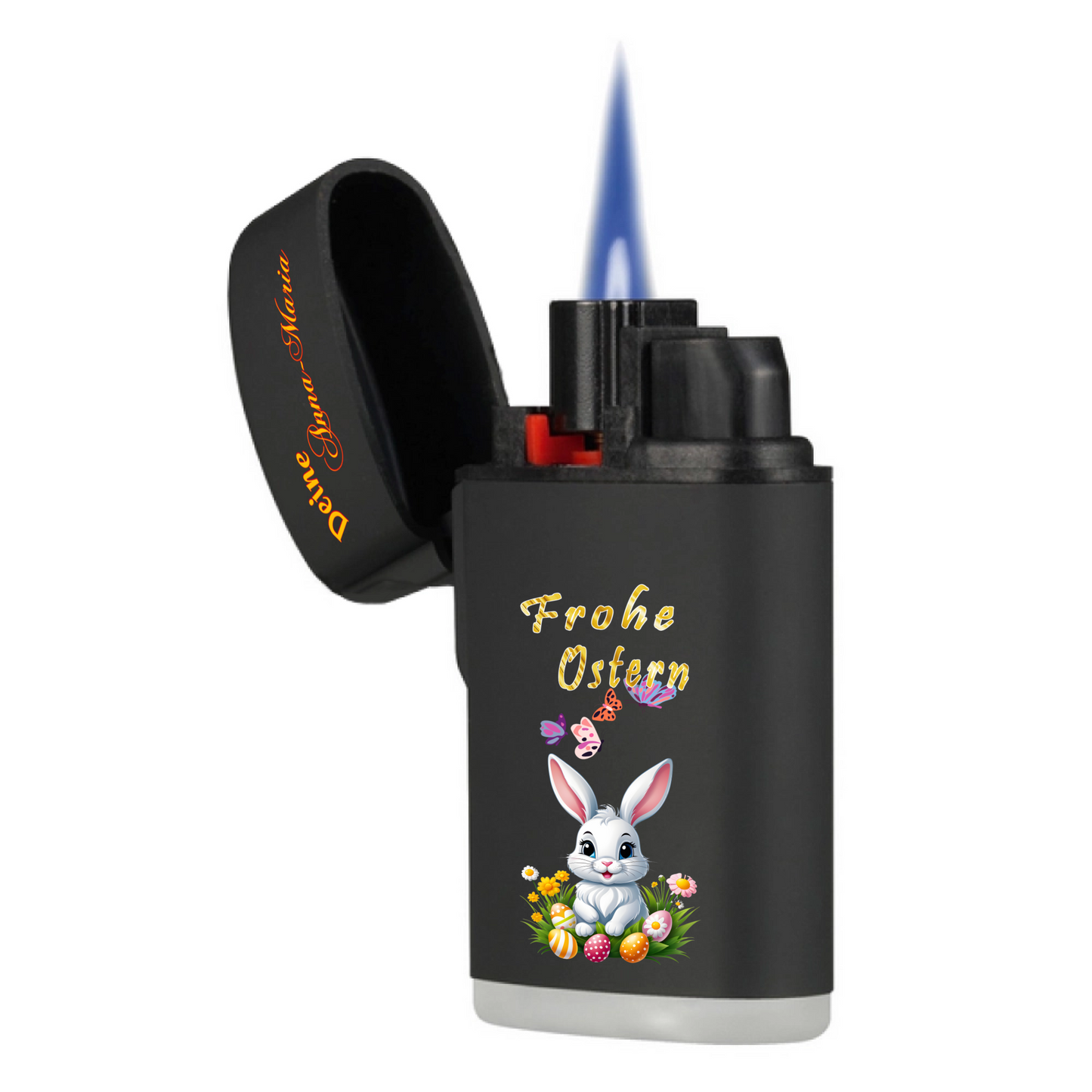 feuerzeug-schwarz-aufgeklappt-mit-flamme-personalisiert-mit-namen-in-orange-bedruckt-und-farbenfrohen-osterhasenmotiv