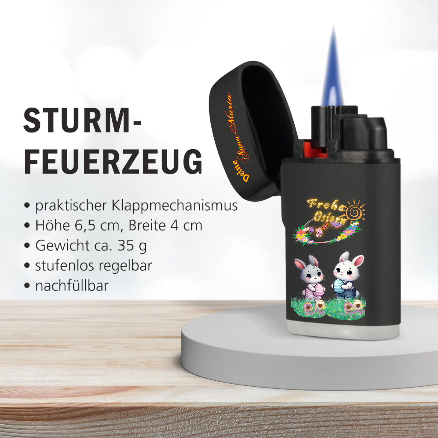personalisiertes-oster-feuerzeug-schwarz-mit-name-in-orange-und-farbenfrohen-osterhasen-paar-daneben-befindet-sich-eine-produktbeschreibung