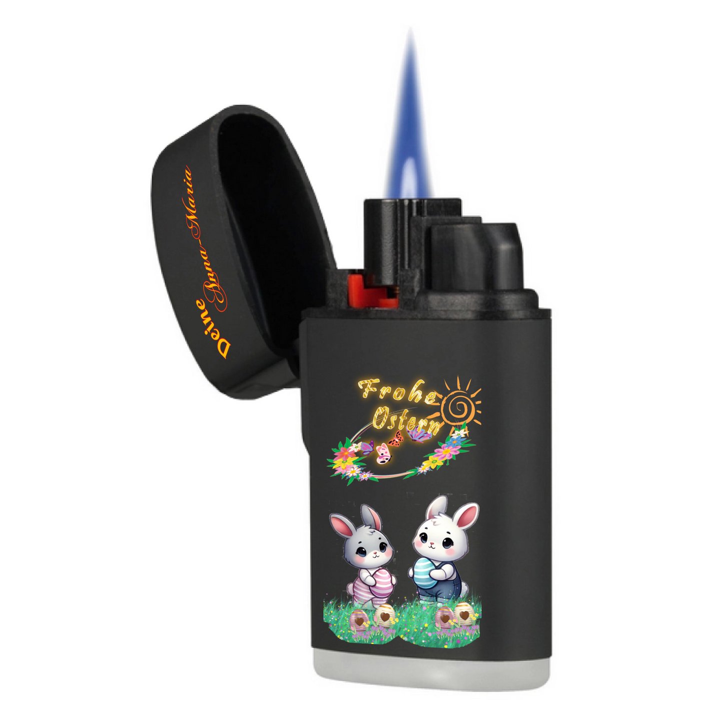 personalisiertes-oster-feuerzeug-schwarz-aufgeklappt-mit-flamme-mit-name-in-orange-und-farbenfrohen-osterhasen-paar