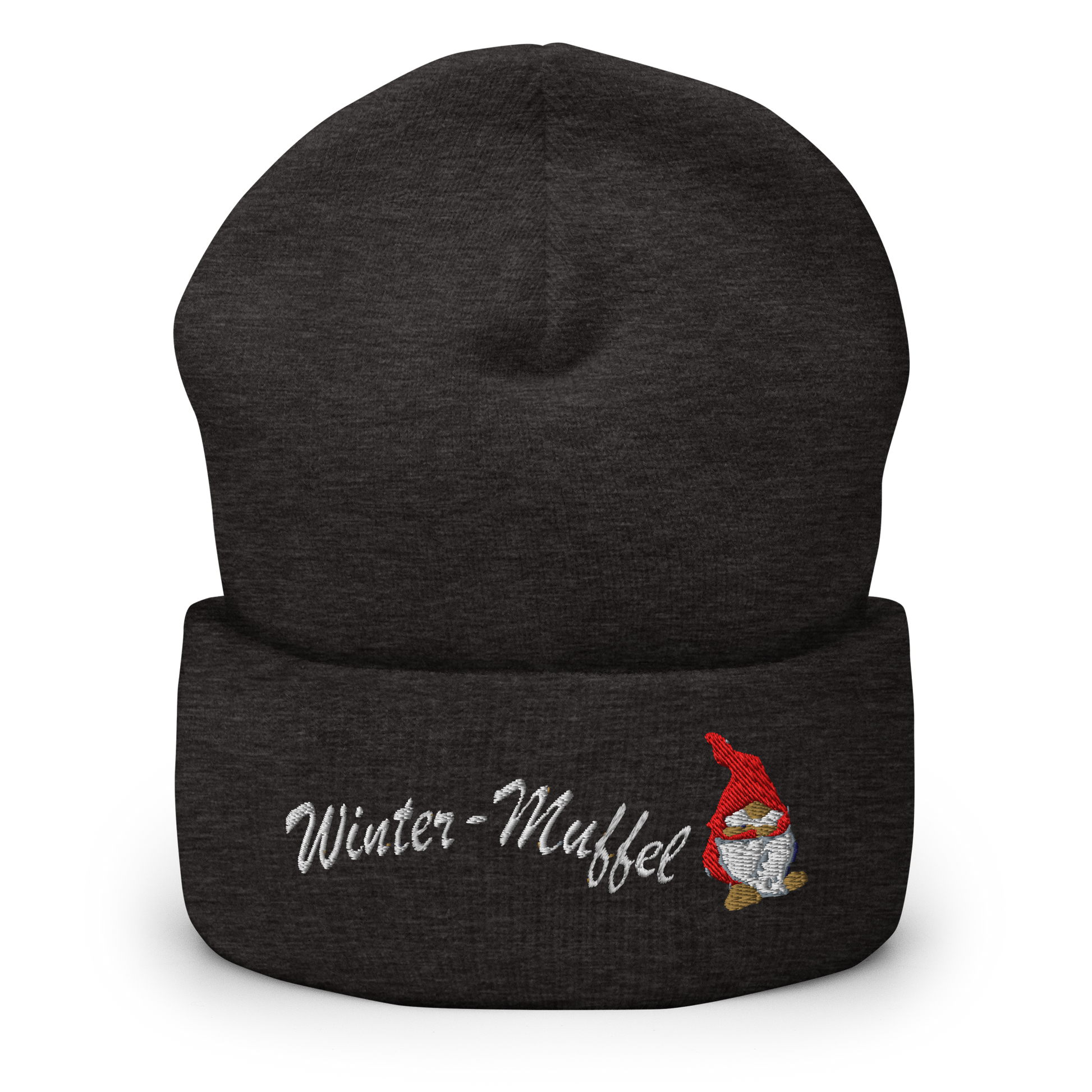 muetze-mit-breitem-bund-dunkelgrau-bestickt-mit-motiv-witzigem-wichtel-und-schriftzug-winter-muffel