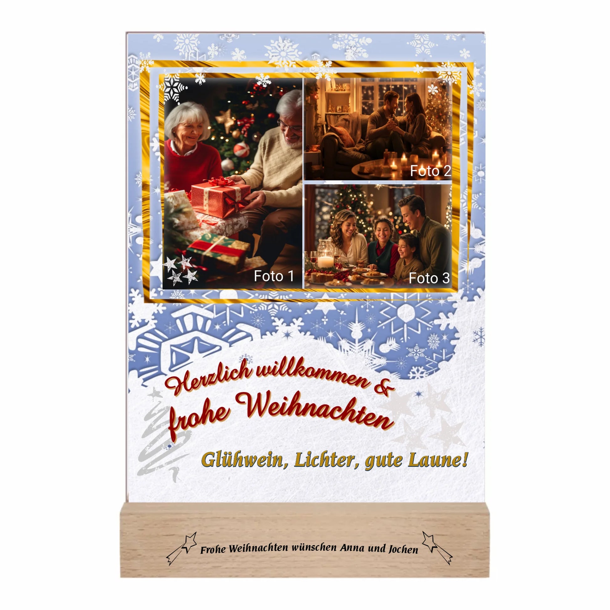 acrylglas-15x20cm-mit-graviertem-standfuss-aus-echtholz-acrylglas-ist-personalisiert-mit-3-fotos-und-einem-aus-5-spruechen-hintergrundfarbe-weiß-hellblau-mit-schneeflocken