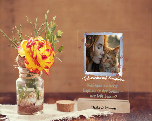fotoaufsteller-acrylglas-15x20cm-mit-standfuss-weihnachtsgeschenk-katzenbesitzer-personalisiert-mit-einem-ausgewaehlten-kurzen-katzen-spruch-und eigenem-foto-und-optinal-mit-gravierten-namen-am-holzsockel-Fotoaufteller-steht-auf-tisch-neben-rose