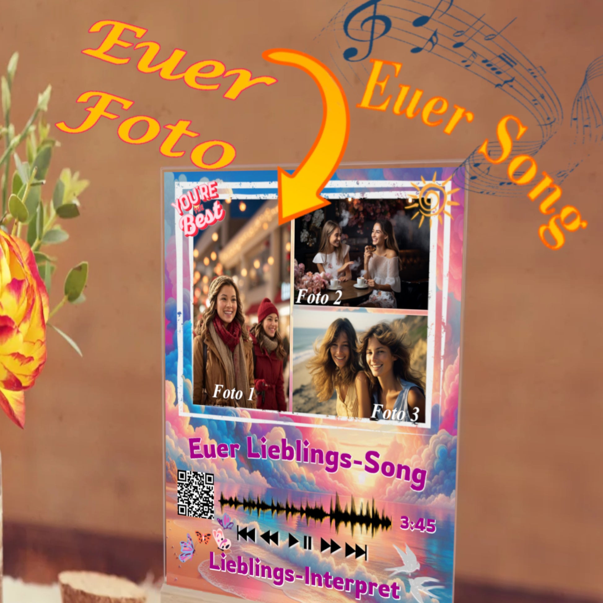 acrylglas-15x20cm-mit-graviertem-standfuss-aus-echtholz-acrylglas-mit-3-fotos-und-ausgewähltem-songtitel-und-interpret-mit-qr-code-design-hintergrund-pastell-rosa-in-verschiedenen-farbtoenen-standfuss-graviert-mit-namen-oder-wunschtext-ueber-produktbild-hinweis-auf-personalisierung